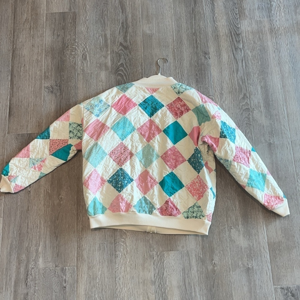 Vintage boho folk grandma quilt square pink teal patchwork zip jacket XL XXL - Picture 11 of 14